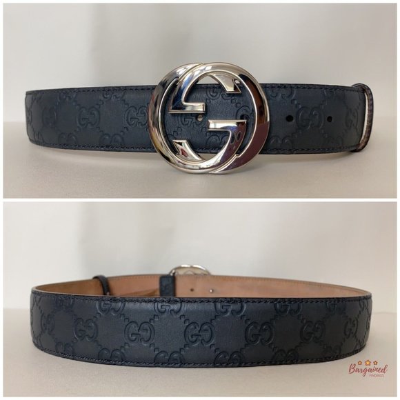 Authentic Gucci Gray Guccissima Leather Silver Interlocking G Buckle Belt 85/34 - Picture 6 of 12